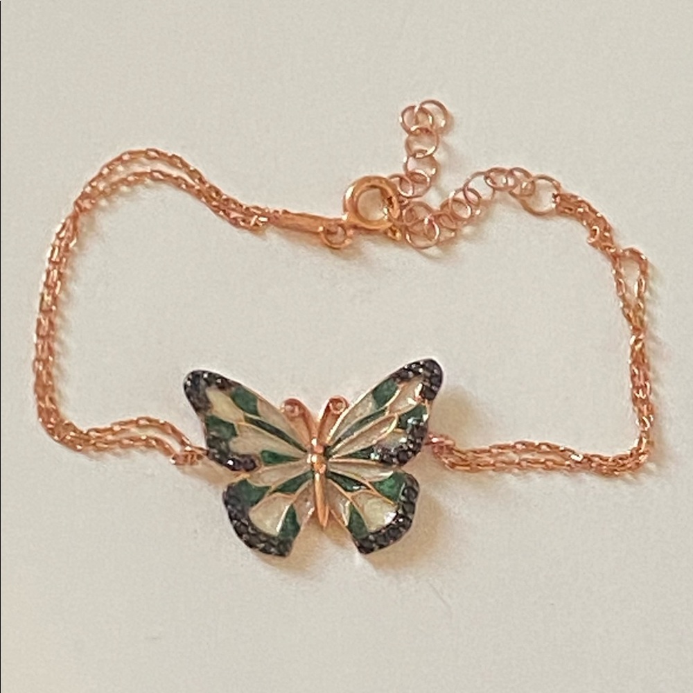 925 Silver bracelet green butterfly handmade enamel black cz 14K rose gold plate